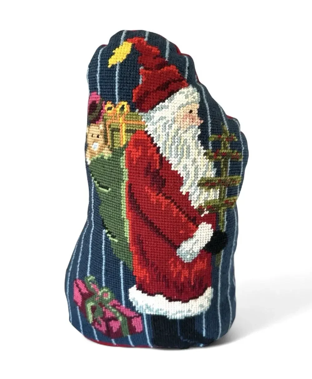 Vintage Handmade Needlepoint Santa Red Weighted door stop Cushion Shelf Decor